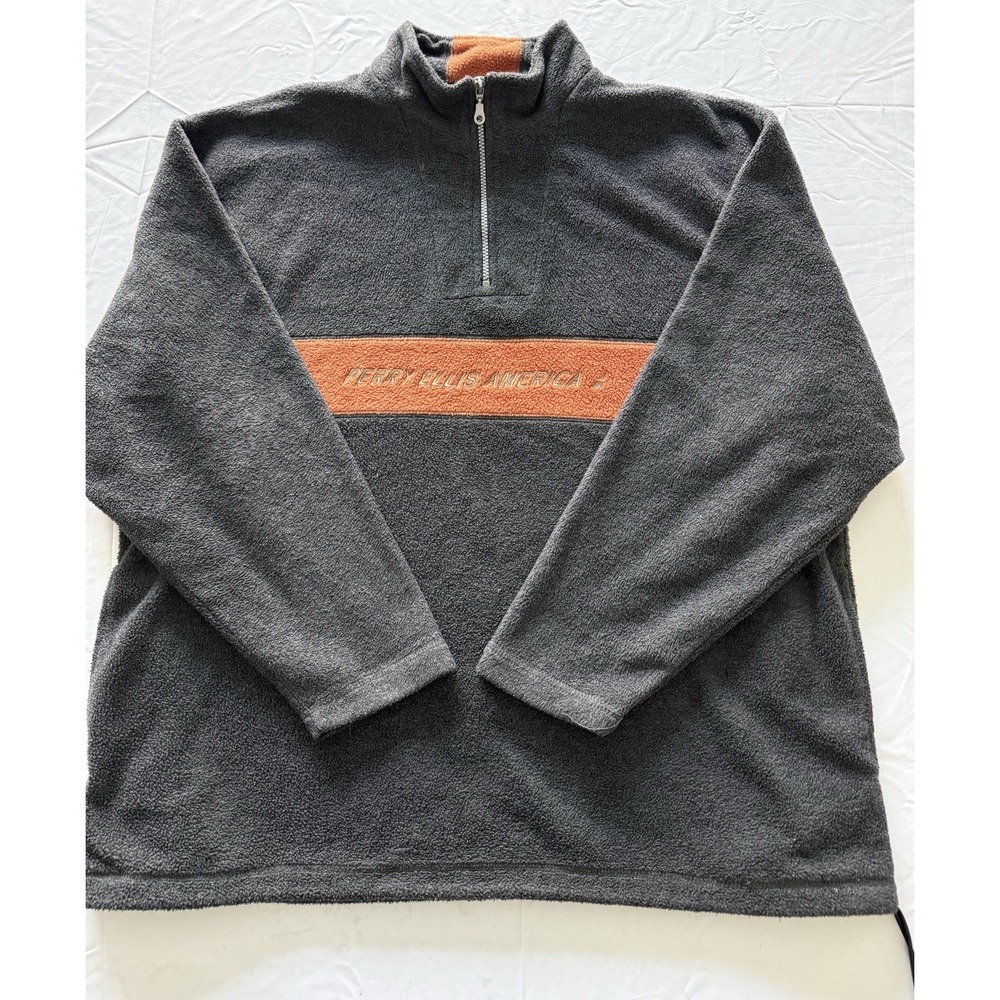 PERRY ELLIS America Fleece Sweatshirt Men's XL Gray Orange 1/4 Zip Pullover